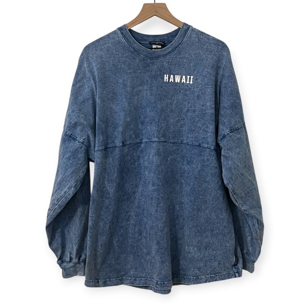 Spirit Jersey Hawaii Aloha Rainbow Blue Acid Wash Long Sleeve Oversized Pullover